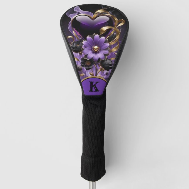 Purple & Gold Heart Flowers Golf Head Cover (Front)