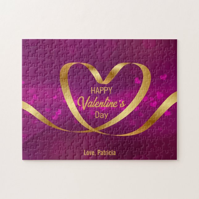 Purple Gold Heart Ribbon Happy Valentine's Day Jigsaw Puzzle (Horizontal)