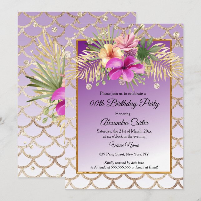 Purple Gold Hibiscus Floral Birthday Party Invitation (Front/Back)