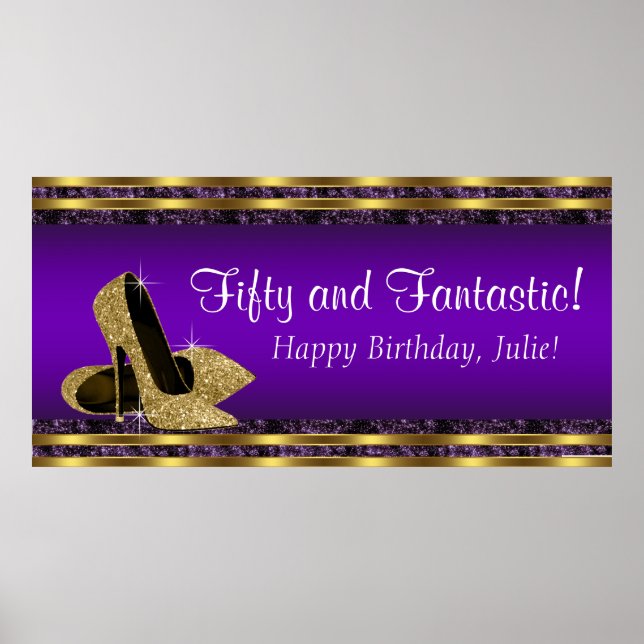 Purple Gold High Heel Birthday Party Banner Poster (Front)
