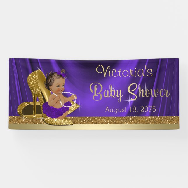 Purple Gold High Heel Shoe Ethnic Girl Baby Shower Banner (Horizontal)