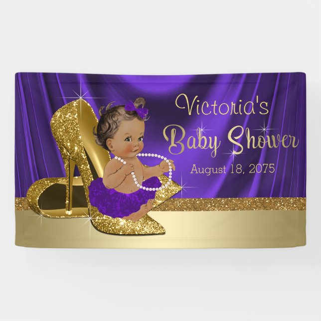 Purple Gold High Heel Shoe Ethnic Girl Baby Shower Banner (Horizontal)