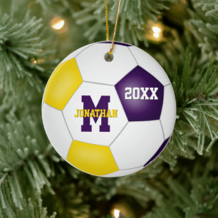 purple gold his her school team colours soccer ceramic tree decoration