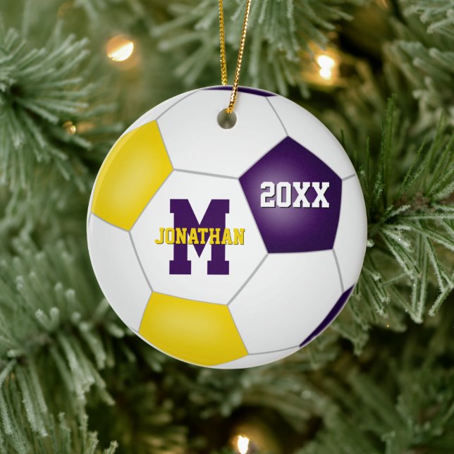 purple gold his her school team colours soccer ceramic tree decoration (Tree)