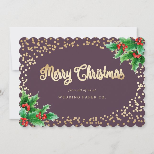 Purple Gold Holly Berries Business Christmas Cards (Front)