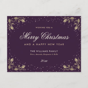 Purple Gold Holly Snow Holiday Postcard