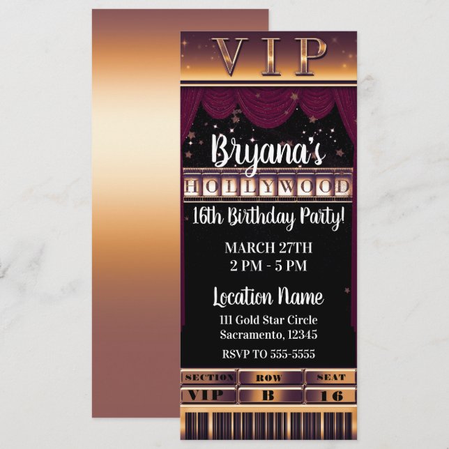 Purple Gold HOLLYWOOD Birthday Party VIP Ticket Invitation (Front/Back)