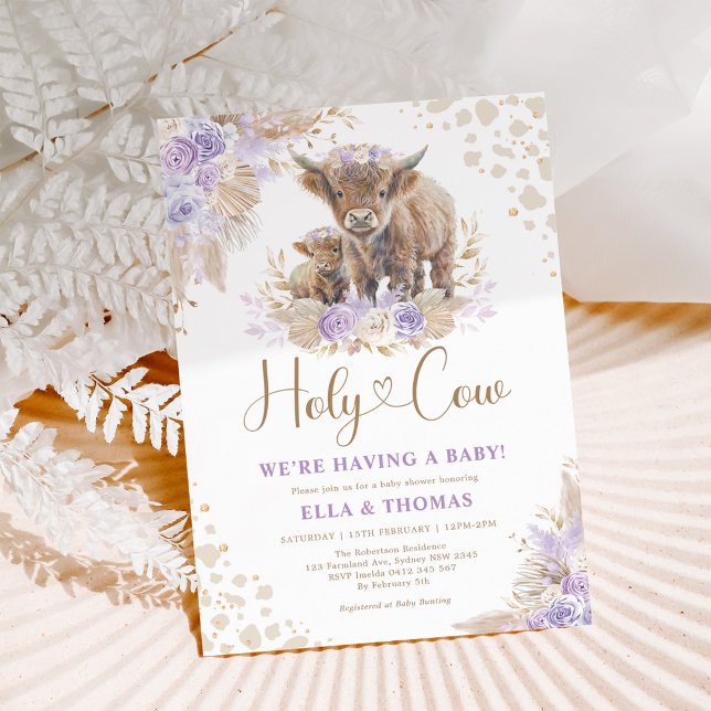 Purple Gold Holy Cow Boho Pampas Girl Baby Shower Invitation (Creator Uploaded)