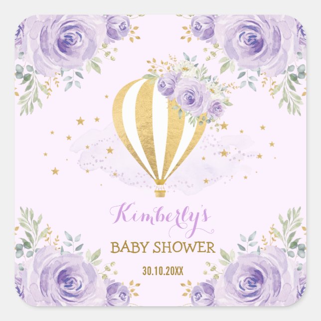 Purple Gold Hot Air Balloon Adventure Floral Square Sticker (Front)