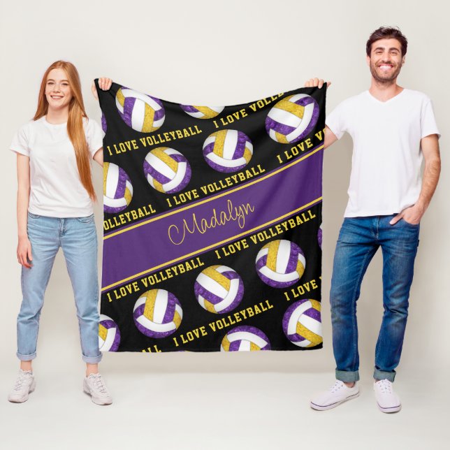 purple gold I love volleyball girly personalised Fleece Blanket (In Situ)