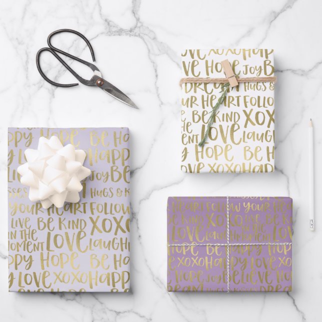 Purple Gold Inspirational Words Wrapping Paper Sheet (Front)