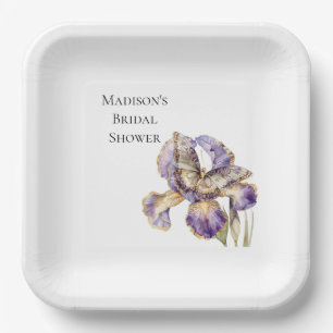 Purple Gold Iris Floral Butterfly Bridal Shower Paper Plate
