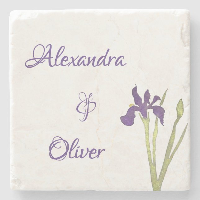 Purple & Gold Iris Watercolor Wedding Stone Coaster (Front)