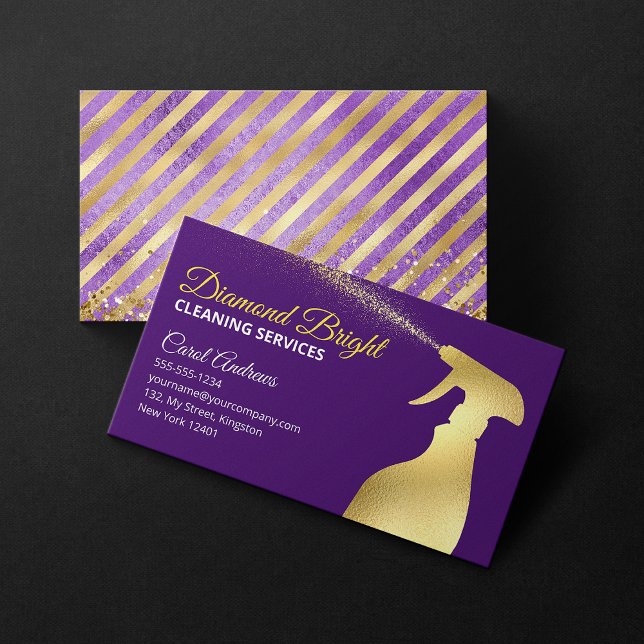 Purple & Gold Janitorial Maid Housekeeper Cleaning Business Card (Creator Uploaded)