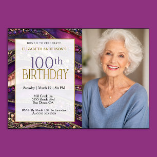 Purple Gold Jewelled Strata 100th Birthday Photo Invitation