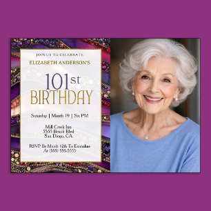 Purple Gold Jewelled Strata 101st Birthday Photo Invitation