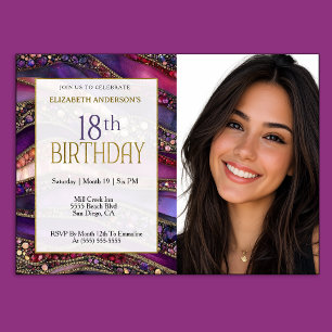 Purple Gold Jewelled Strata 18th Birthday Photo Invitation