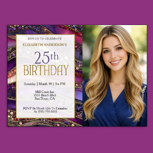 Purple Gold Jewelled Strata 25th Birthday Photo Invitation