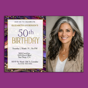 Purple Gold Jewelled Strata 50th Birthday Photo Invitation