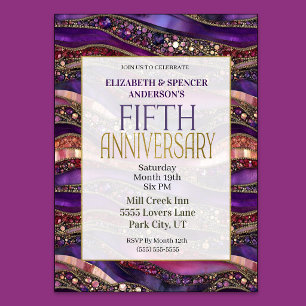Purple Gold Jewelled Strata 5th Wedding Anniversar Invitation