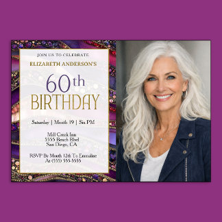 Purple Gold Jewelled Strata 60th Birthday Photo Invitation