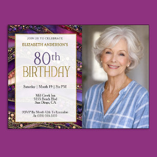 Purple Gold Jewelled Strata 80th Birthday Photo Invitation