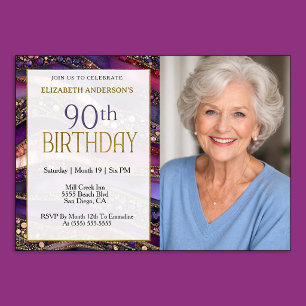 Purple Gold Jewelled Strata 90th Birthday Photo Invitation