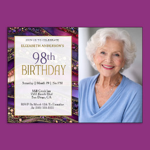 Purple Gold Jewelled Strata 98th Birthday Photo Invitation