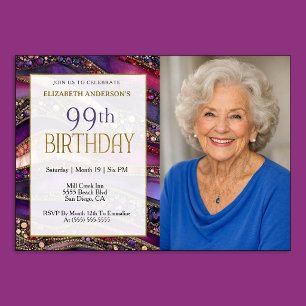 Purple Gold Jewelled Strata 99th Birthday Photo Invitation