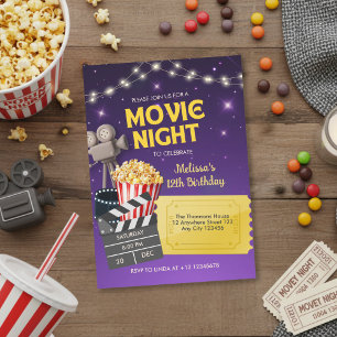Purple Gold Kids Backyard Movie Night Birthday Invitation
