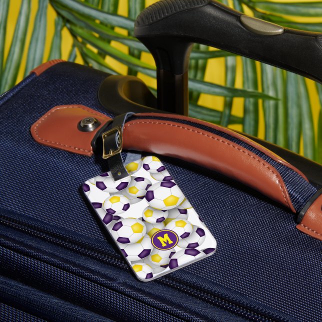 purple gold kids soccer balls pattern  luggage tag (Front Insitu 1)