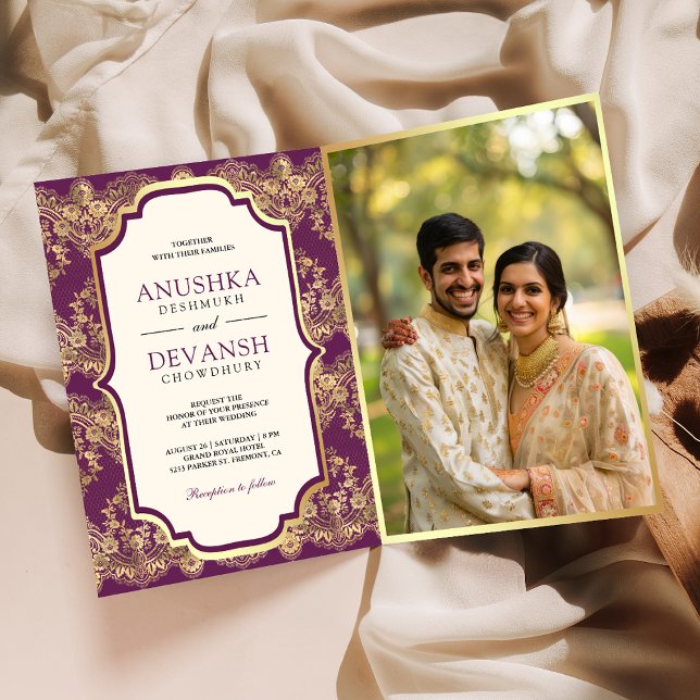 Purple Gold Lace QR Code Photo Indian Wedding Invitation (Creator Uploaded)