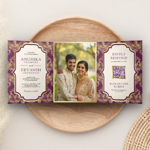 Purple Gold Lace QR Code Photo Indian Wedding Tri-Fold Invitation