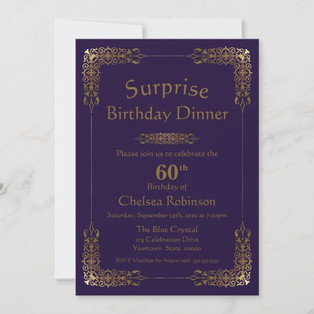 Purple Gold Lace Surprise 60th Birthday Dinner Invitation (Front)