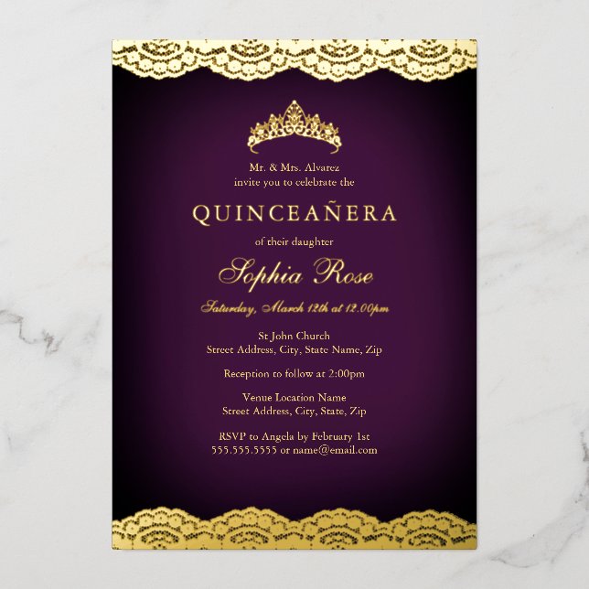 Purple Gold Lace Tiara Quinceanera Foil (Front)