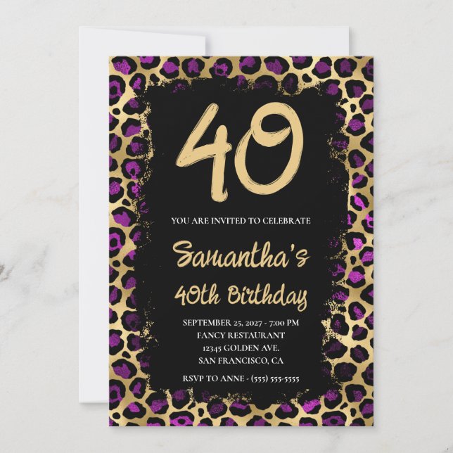 Purple Gold Leopard Painted Black 40th Birthday Invitation (Front)