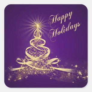 Purple, Gold  Lighted Tree Happy Holidays Sticker