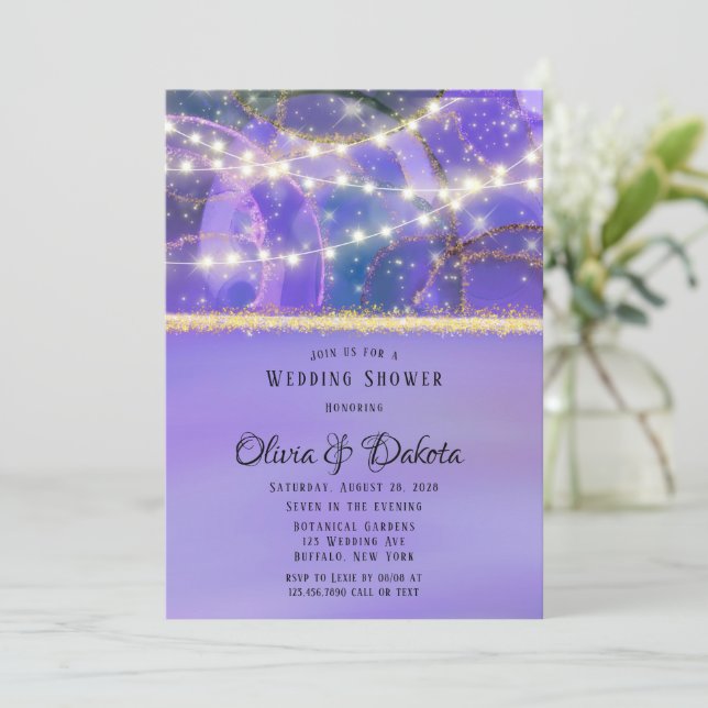 Purple Gold Lights Ethereal Ink Wedding Shower Invitation (Standing Front)