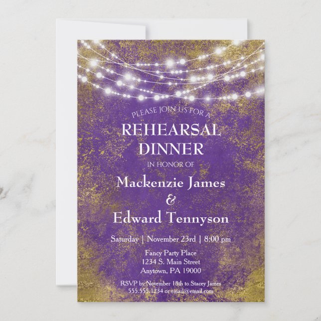 Purple Gold Lights Rehearsal Dinner Invitation (Front)