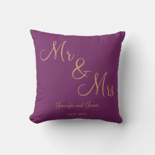 Purple Gold Linen Mr. and Mrs. Wedding Cushion