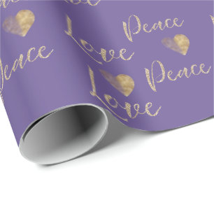 Purple Gold Luxe Glitter Love Peace Hearts Wrapping Paper