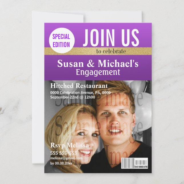 Purple Gold magazine engagement Invitation (Front)