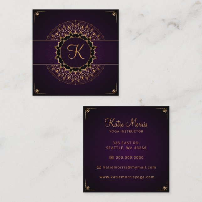 Purple Gold Mandala Elegant Yoga Instructor Square Business Card (Front/Back)
