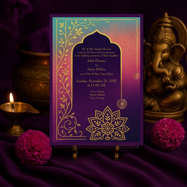 Purple & gold mandala hindu Oriental Frame wedding Invitation (Creator Uploaded)
