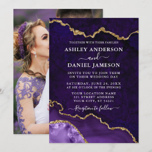Purple Gold Marble Agate Geode Photo Wedding Invitation