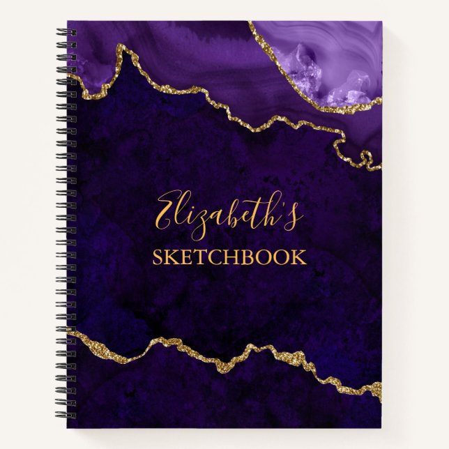 Purple Gold Marble Agate Geode Sketchbook Notebook (Front)