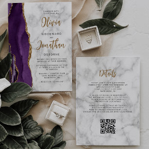 Purple Gold Marble Agate Script QR Code Wedding Invitation