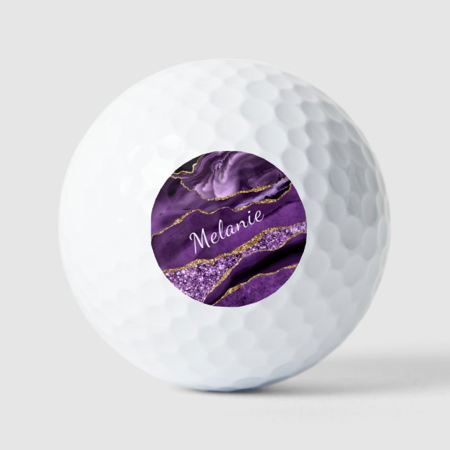 Purple Gold Marble Custom Name Golf Balls Gift (Front)