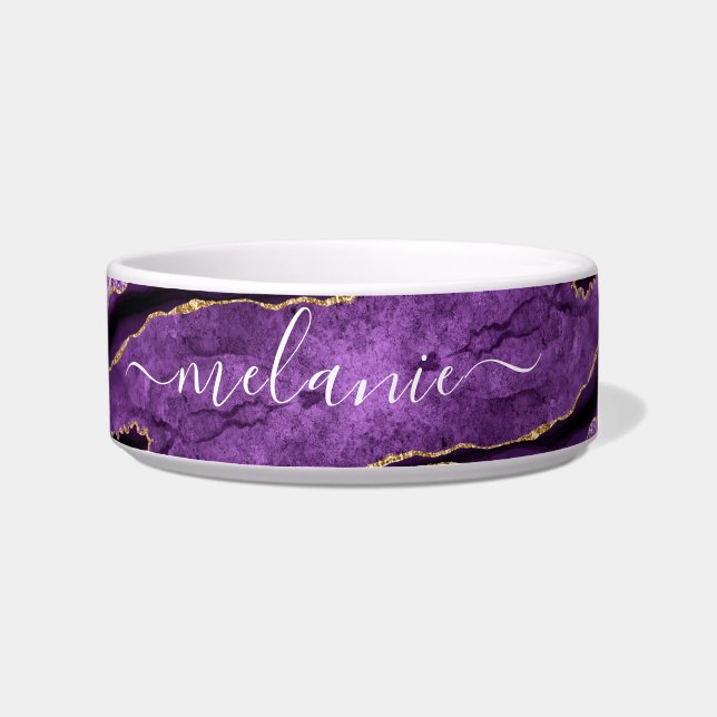 Purple Gold Marble Custom Name Pet Bowl (Right)