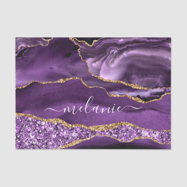 Purple Gold Marble Custom Name Tissue Paper (Front)